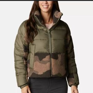 Columbia Womens Cropped Puffer Jacket Leadbetter Point Sherpa Hybrid Green XL